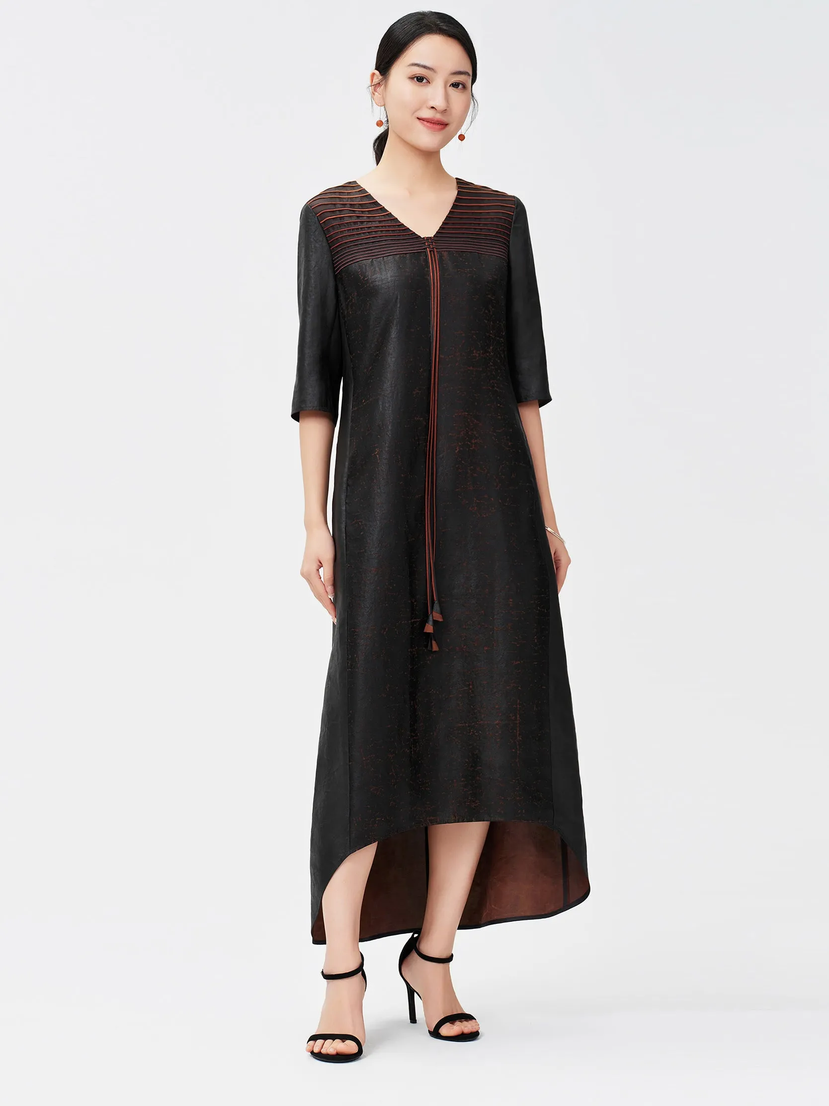 Gambiered canton silk V-neck fringed a-swing long dress with gradient and dense edge