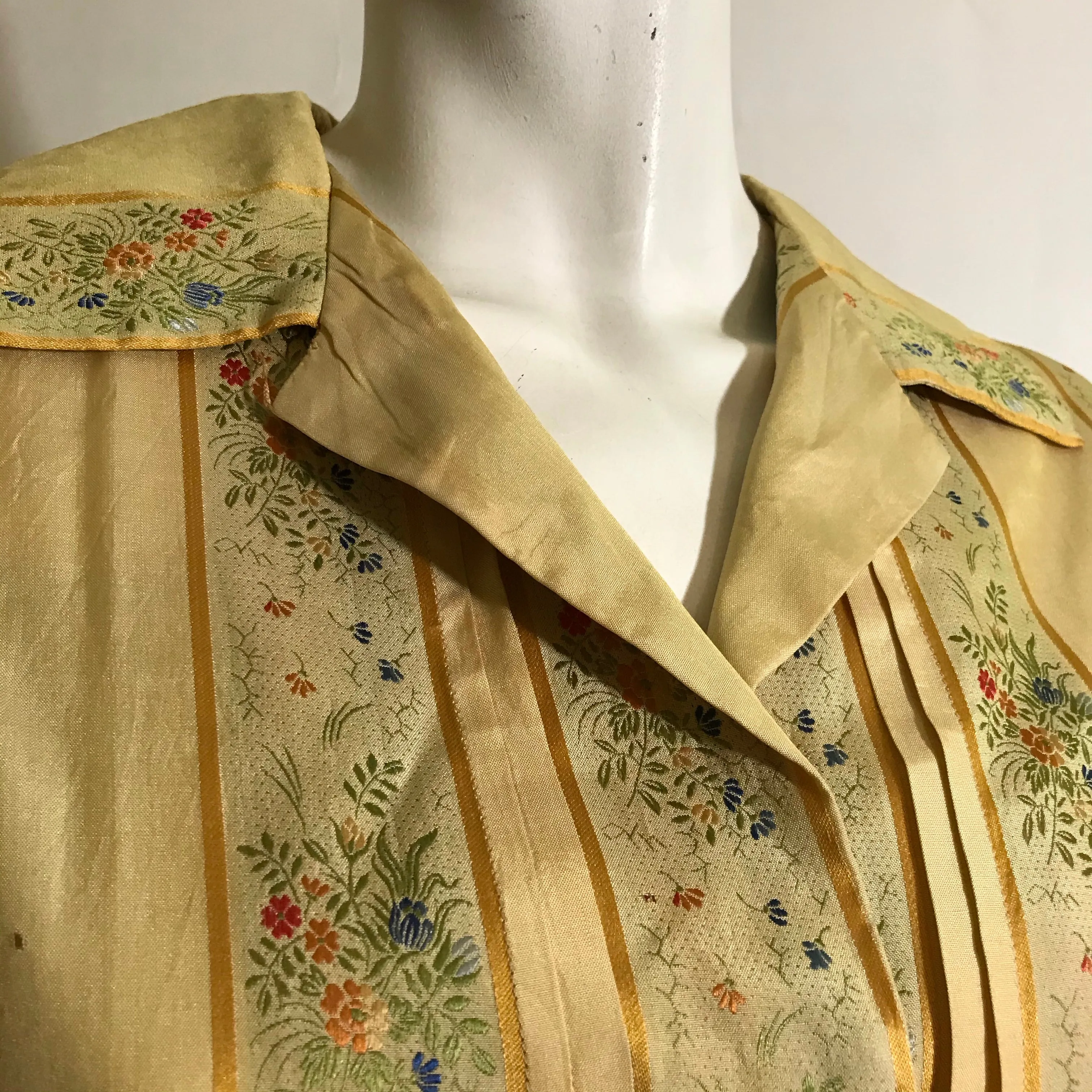 Golden Victorian Inspired Silk Floral and Stripe Shirt Waist Dress circa 1950s Holly Hoelscher