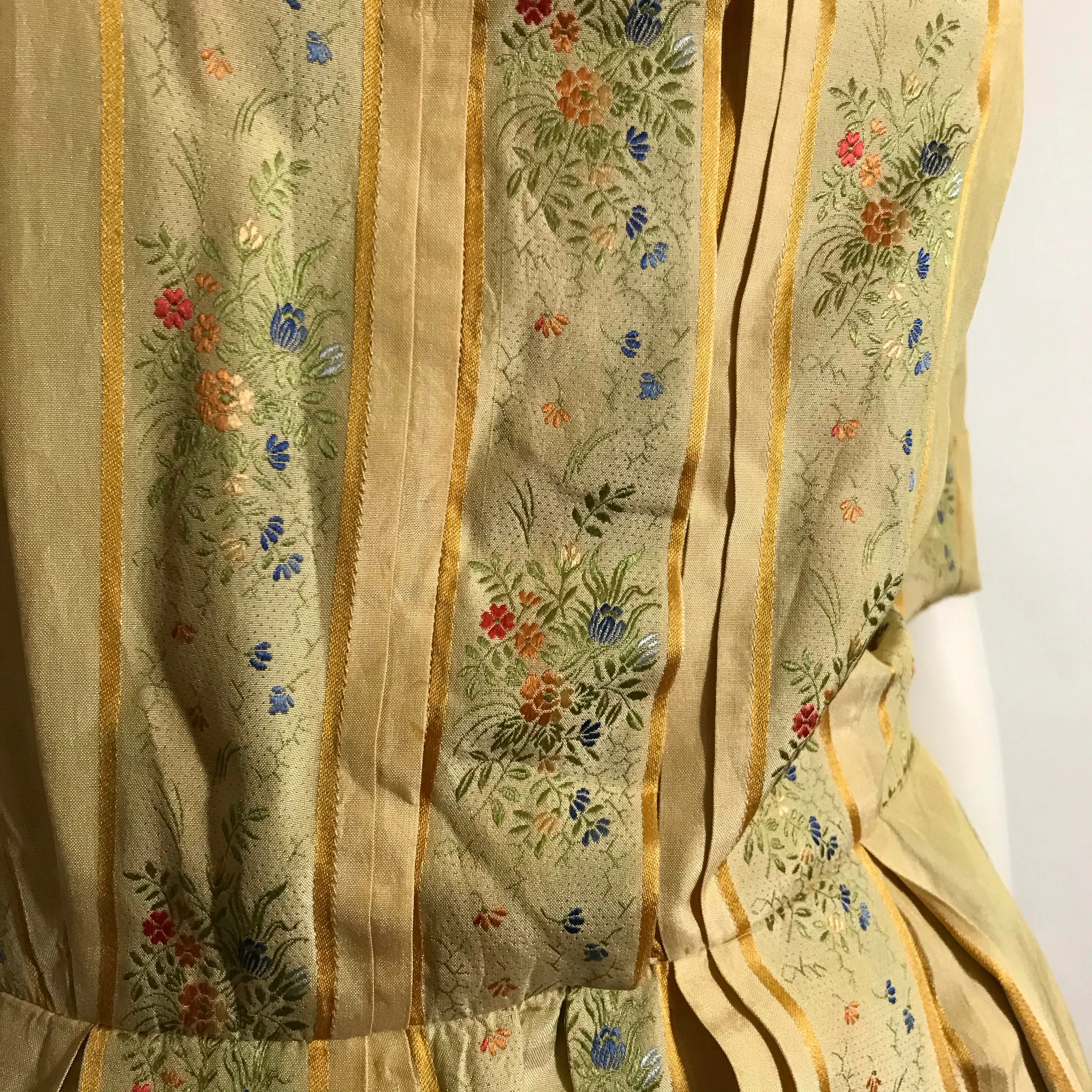 Golden Victorian Inspired Silk Floral and Stripe Shirt Waist Dress circa 1950s Holly Hoelscher