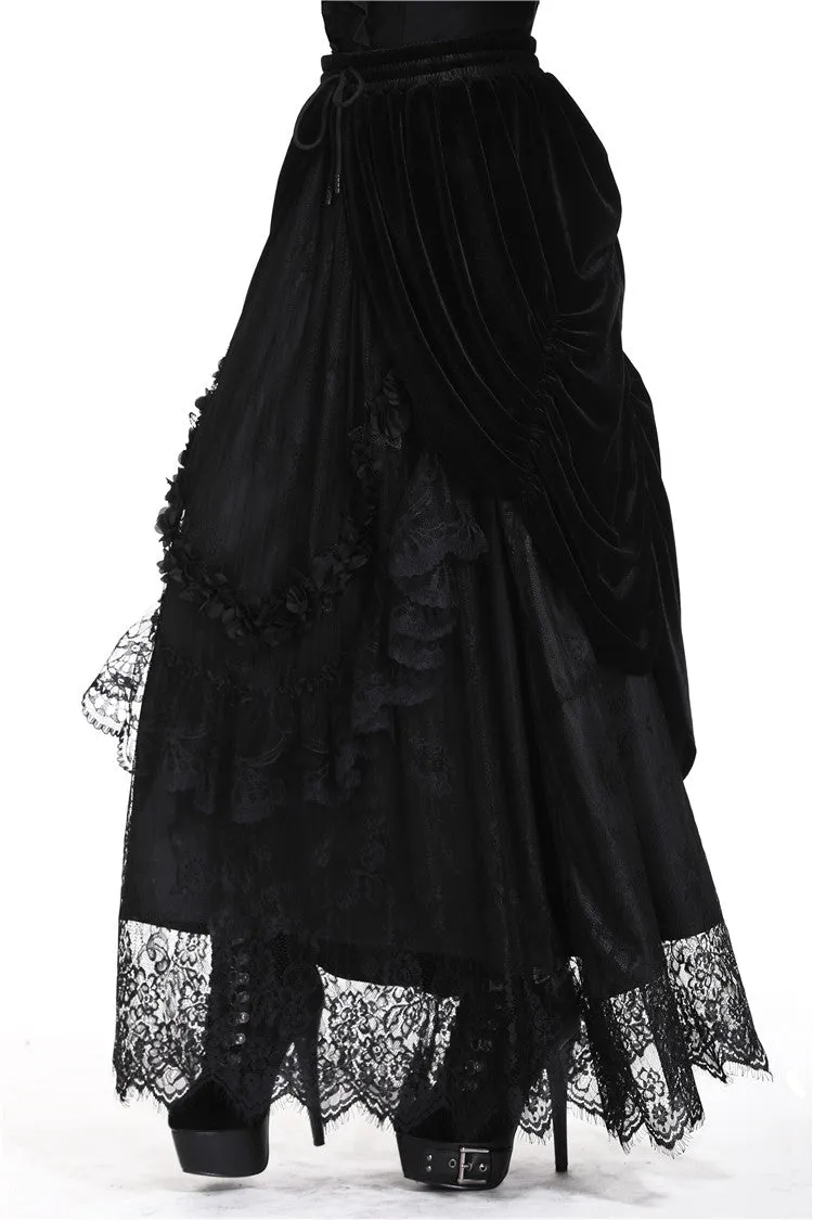 Gothic Black wave velvet lace maxi skirt KW133BK