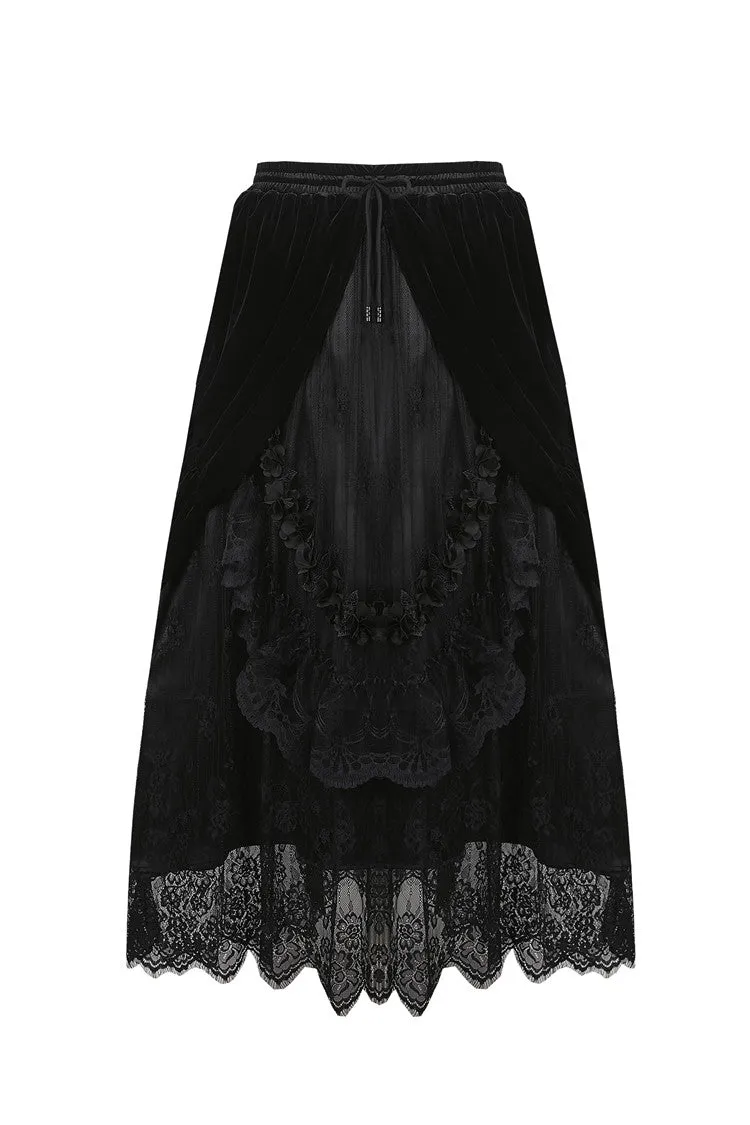 Gothic Black wave velvet lace maxi skirt KW133BK