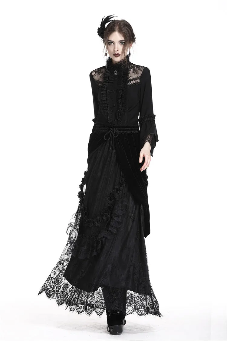 Gothic Black wave velvet lace maxi skirt KW133BK