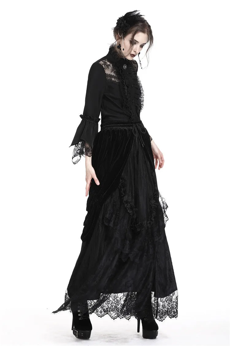 Gothic Black wave velvet lace maxi skirt KW133BK