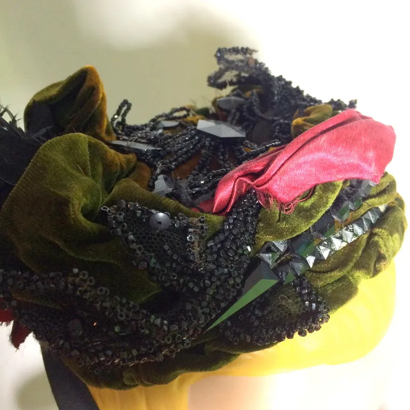 Green Velvet and Silk Beaded & Floral Topped Bonnet circa Late 1800s