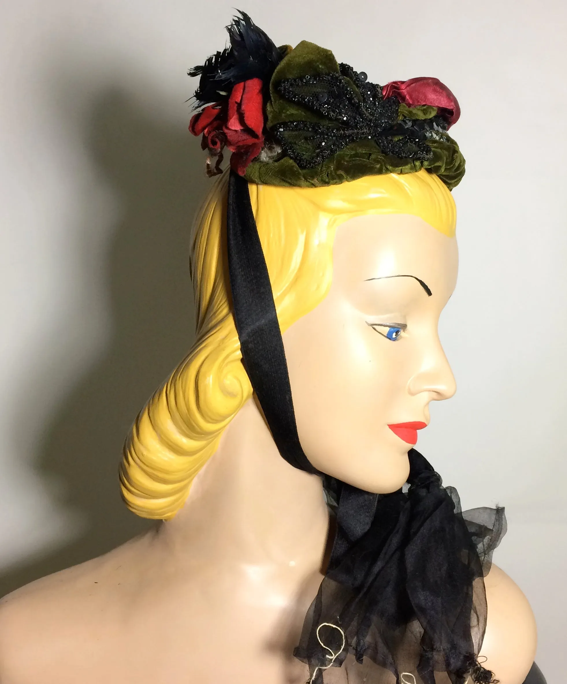 Green Velvet and Silk Beaded & Floral Topped Bonnet circa Late 1800s