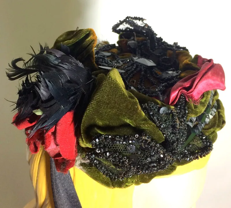 Green Velvet and Silk Beaded & Floral Topped Bonnet circa Late 1800s