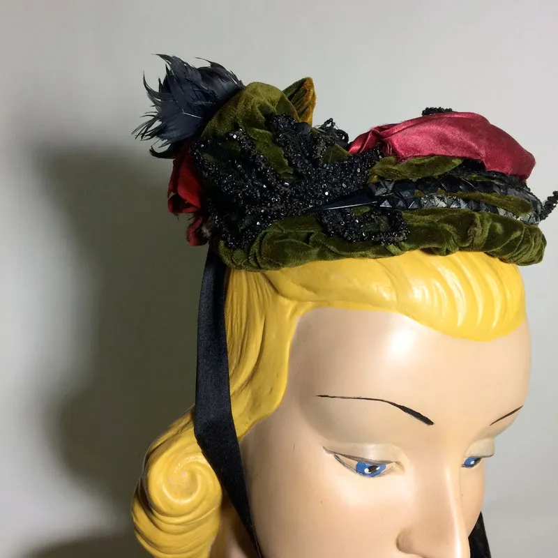 Green Velvet and Silk Beaded & Floral Topped Bonnet circa Late 1800s