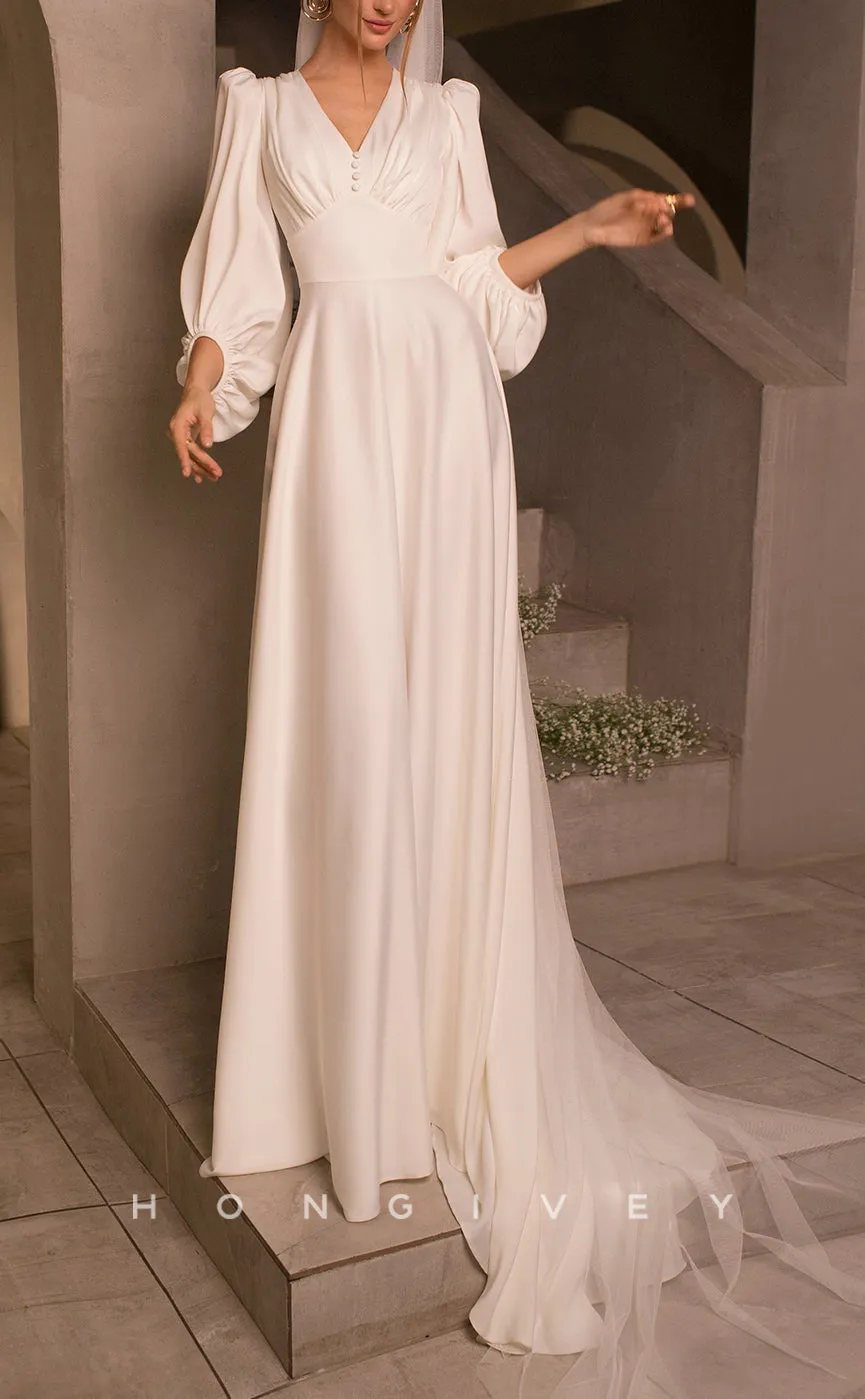 H1060 - Simple & Casual Satin V-neck Long Sleeves Ruched With Veil Wedding Dress