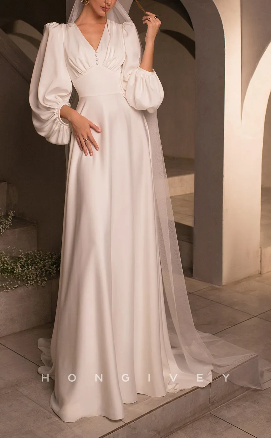 H1060 - Simple & Casual Satin V-neck Long Sleeves Ruched With Veil Wedding Dress