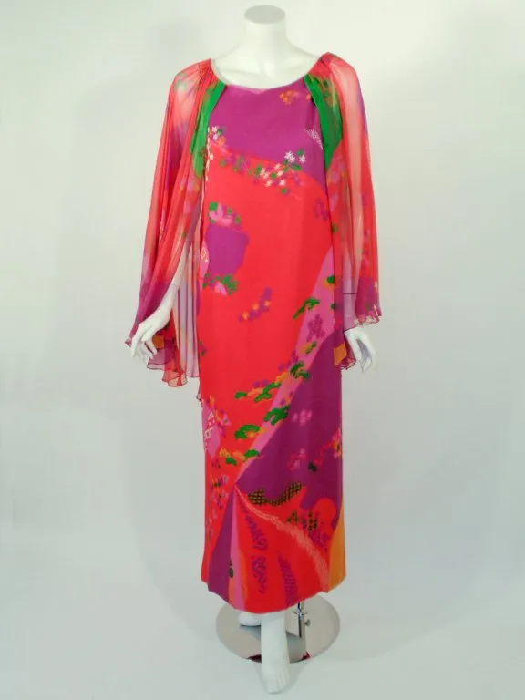 HANAE MORI Floral Print Silk Chiffon Caftan Gown