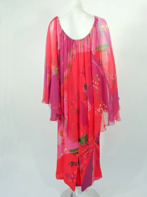 HANAE MORI Floral Print Silk Chiffon Caftan Gown