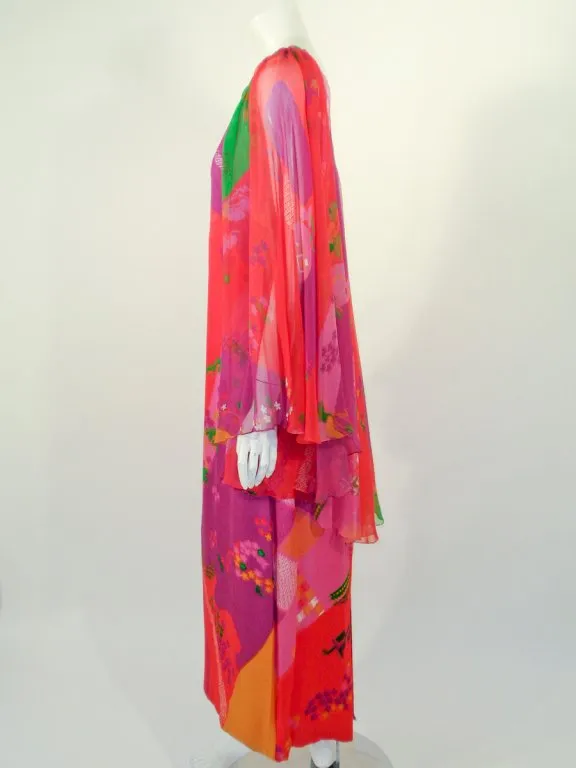 HANAE MORI Floral Print Silk Chiffon Caftan Gown