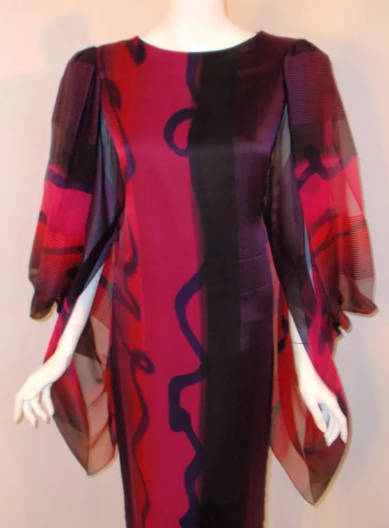 HANAE MORI Pink, Purple, & Black Chiffon Gown, Bell Sleeves