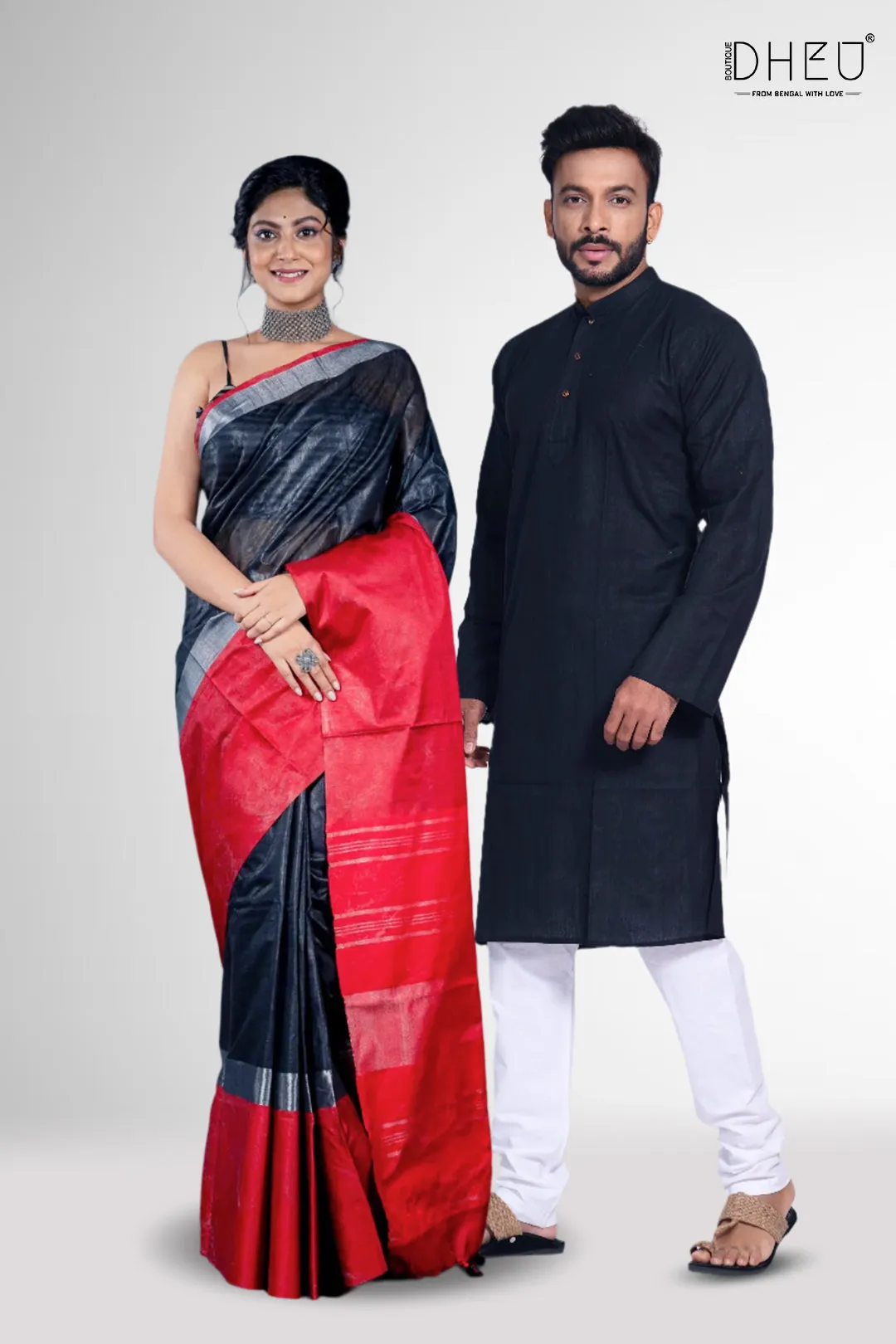 Handloom Linen Saree & Kurta Couple Set