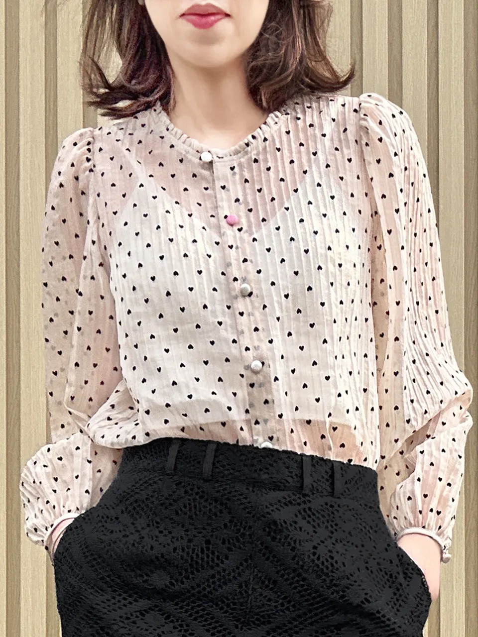 Hearty Print Ruffle Collar Balloon Sleeve Airy Blouse