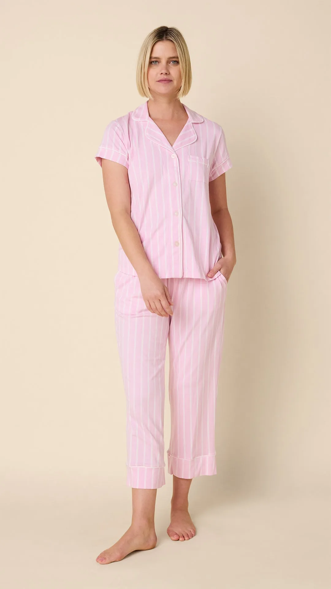 Heritage Stripe Pima Knit Capri Set - Pink