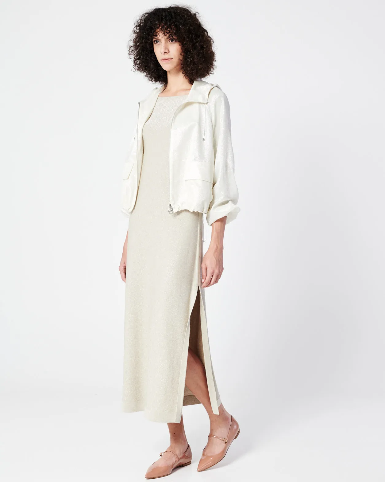 Hooded Silk Blouson with Lurex Stripes