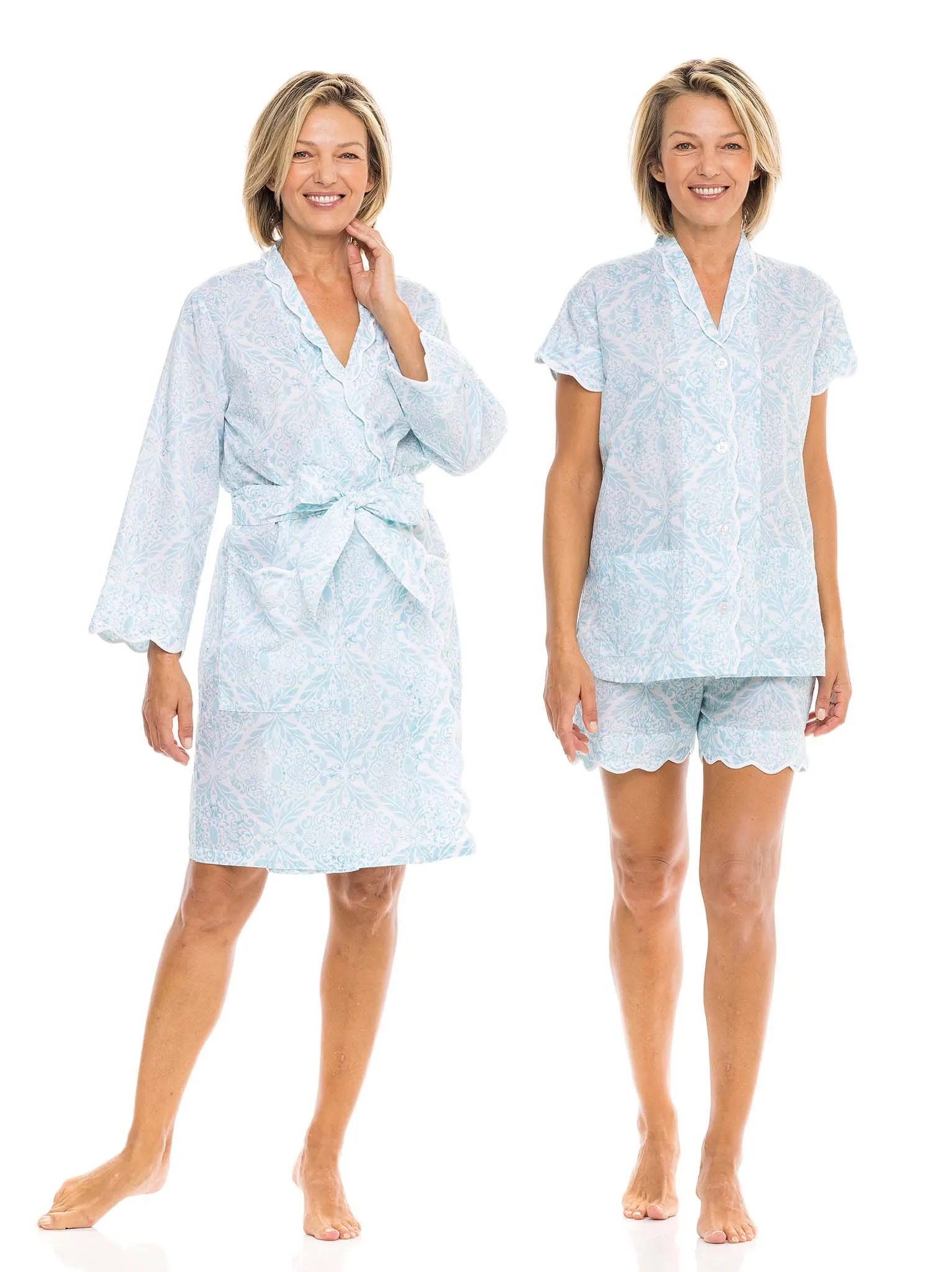 Ice Blue Filigree Bundle: Short Classic Robe   PJ with Shorts