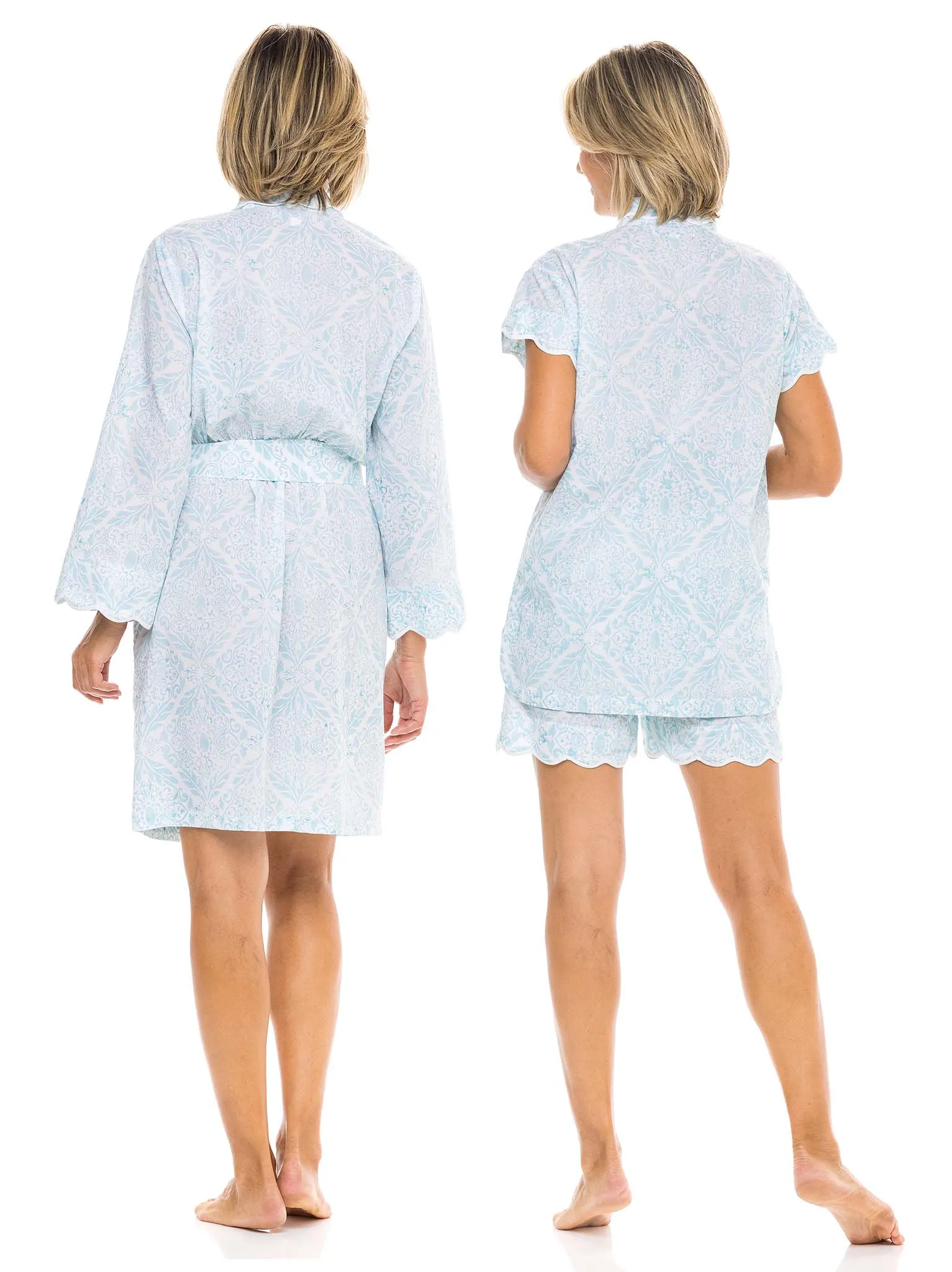 Ice Blue Filigree Bundle: Short Classic Robe   PJ with Shorts