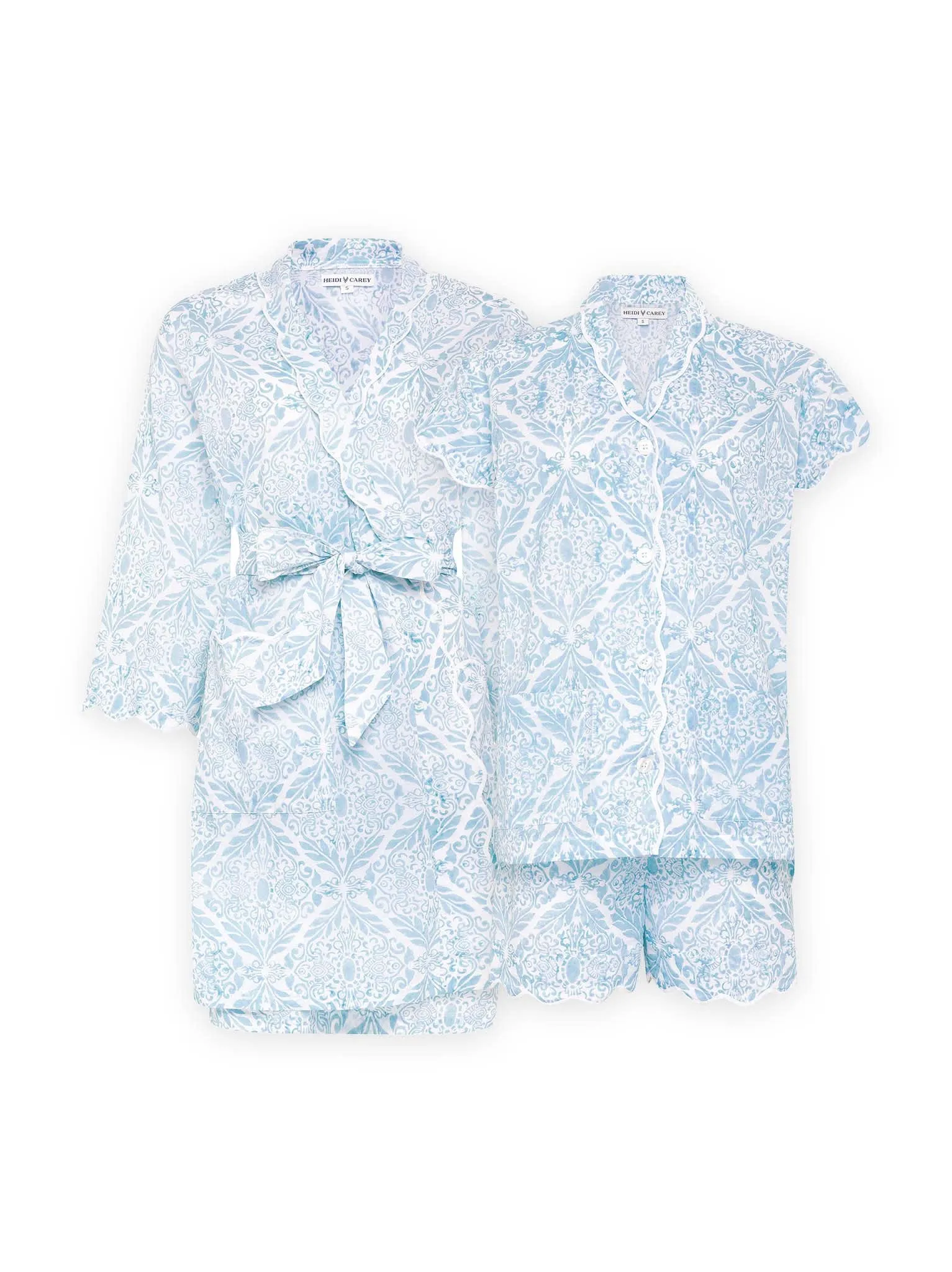 Ice Blue Filigree Bundle: Short Classic Robe   PJ with Shorts