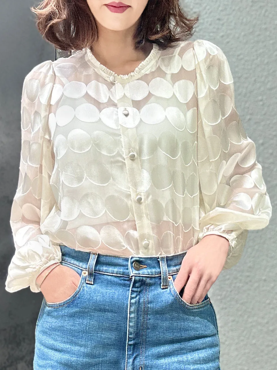 Ivory Dot Ruffle Collar Balloon Sleeve Silky Blouse