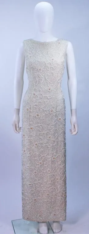 JO RO IMPORTS 1950's White Iridescent Floral Sequin Beaded Gown Wedding Size 14