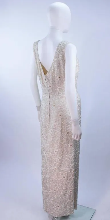 JO RO IMPORTS 1950's White Iridescent Floral Sequin Beaded Gown Wedding Size 14