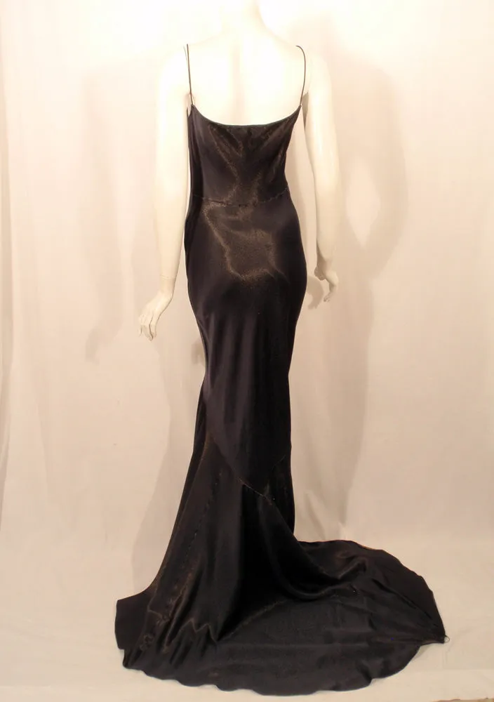 JOHN GALLIANO Navy Blue Gold Satin Bias Cut Gown with Train