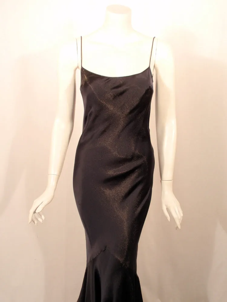 JOHN GALLIANO Navy Blue Gold Satin Bias Cut Gown with Train