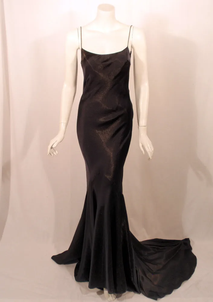 JOHN GALLIANO Navy Blue Gold Satin Bias Cut Gown with Train