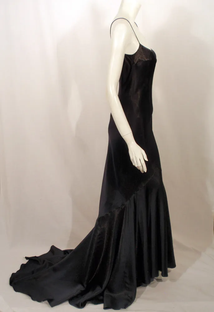 JOHN GALLIANO Navy Blue Gold Satin Bias Cut Gown with Train