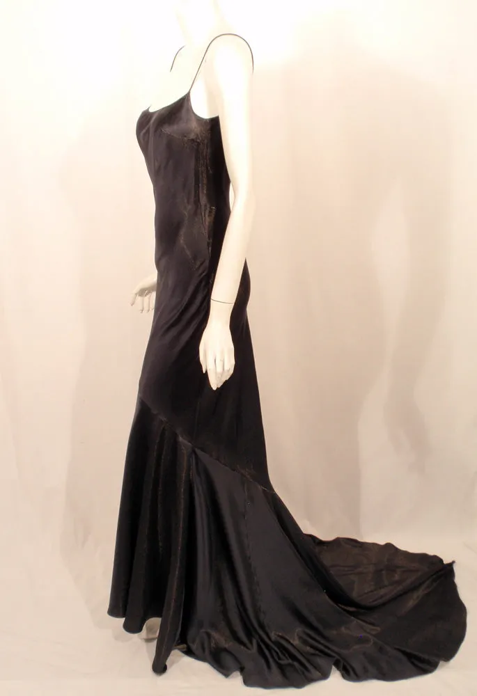 JOHN GALLIANO Navy Blue Gold Satin Bias Cut Gown with Train