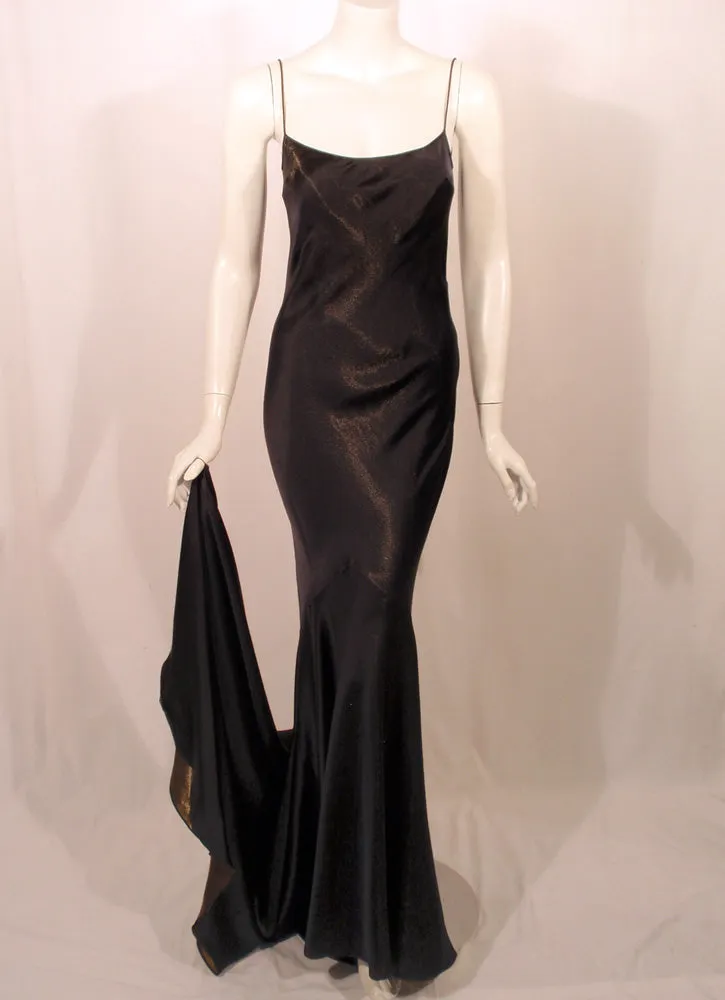 JOHN GALLIANO Navy Blue Gold Satin Bias Cut Gown with Train