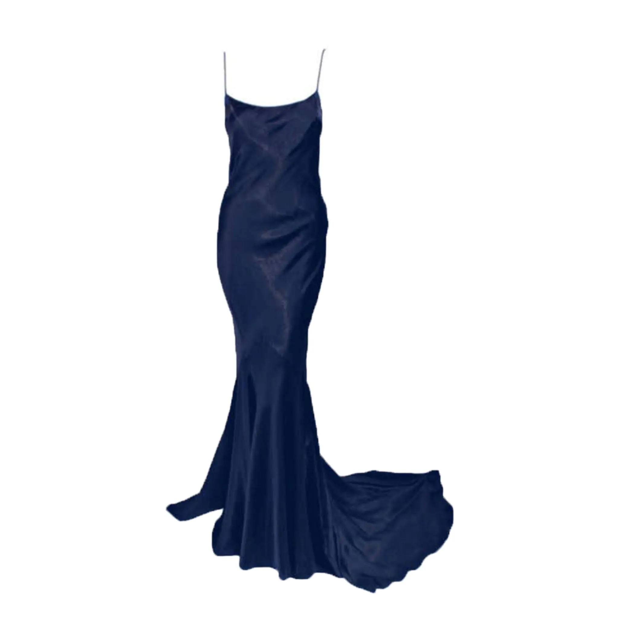 JOHN GALLIANO Navy Blue Gold Satin Bias Cut Gown with Train