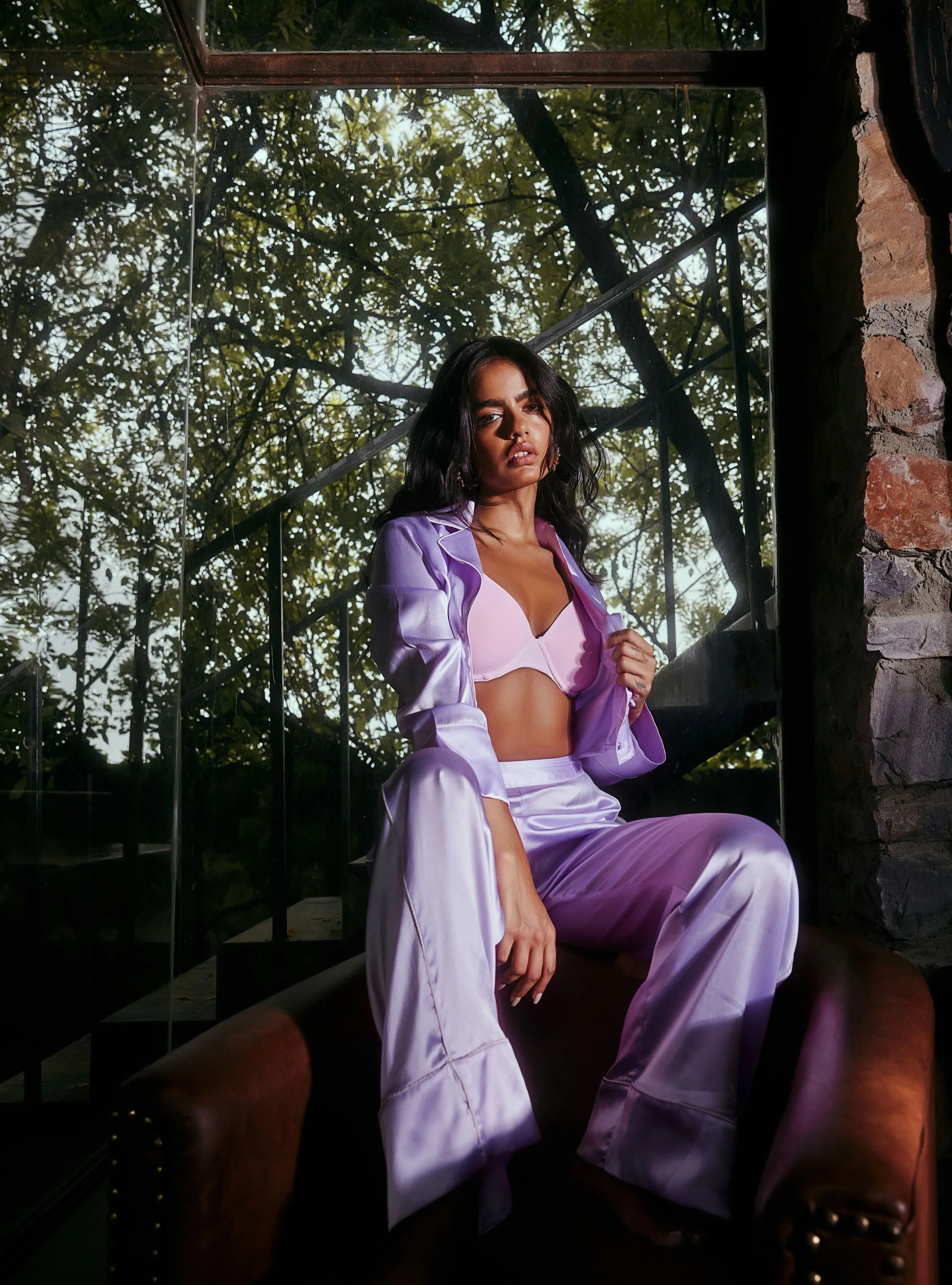 Josie Lavender Satin Shirt   Pyjama Pants Lounge Set