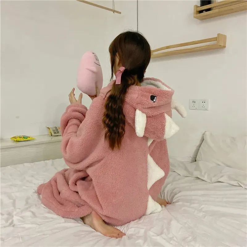 JOSKAA Christmas Gift Pajamas cute cartoon dinosaur coral velvet pajama autumn and winter thickened and padded long fashion home wear two sets nightgo