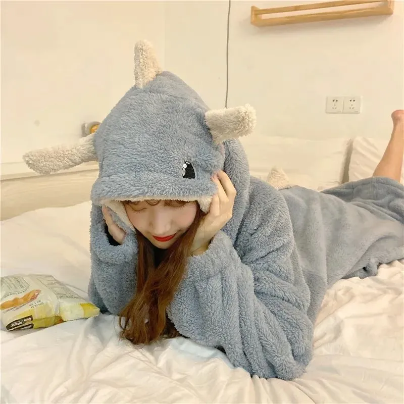 JOSKAA Christmas Gift Pajamas cute cartoon dinosaur coral velvet pajama autumn and winter thickened and padded long fashion home wear two sets nightgo