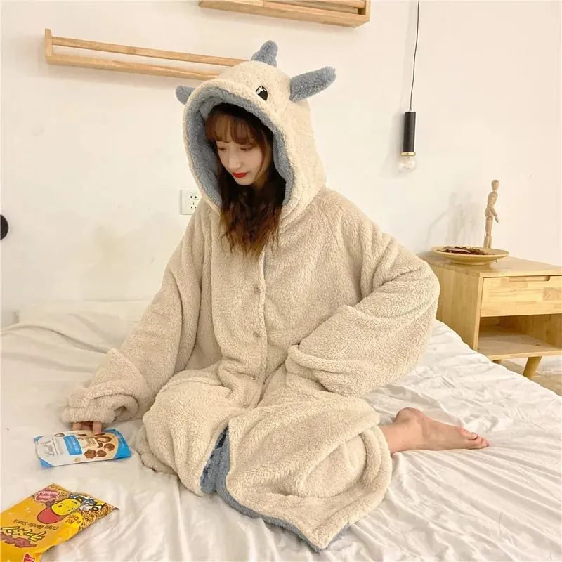 JOSKAA Christmas Gift Pajamas cute cartoon dinosaur coral velvet pajama autumn and winter thickened and padded long fashion home wear two sets nightgo