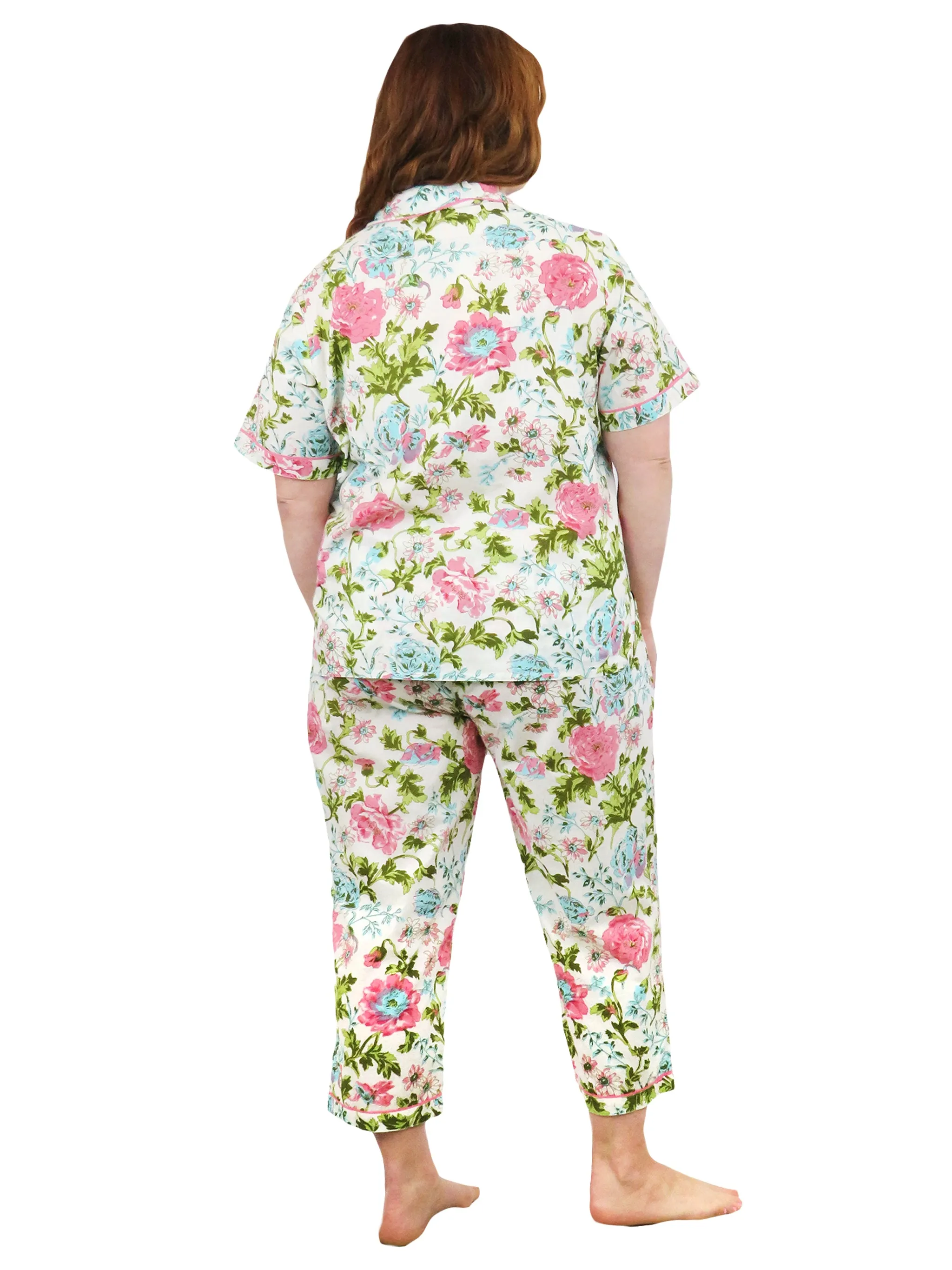 La Cera Plus Size Short Sleeve English Garden Print Cotton Pajama Set