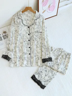 Lace Trim Floral Printed Long Sleeve Pajama Set