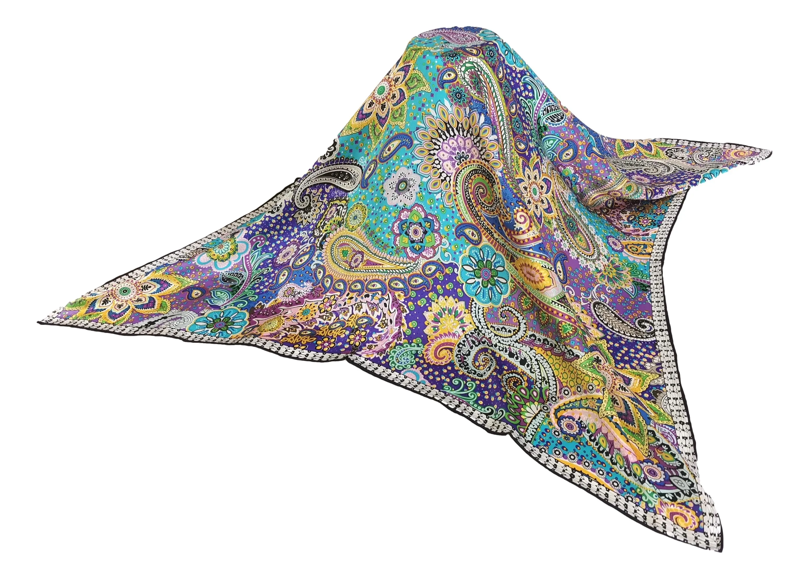 Large Square Silk Scarf Blue Theme Paisley Print SZD107