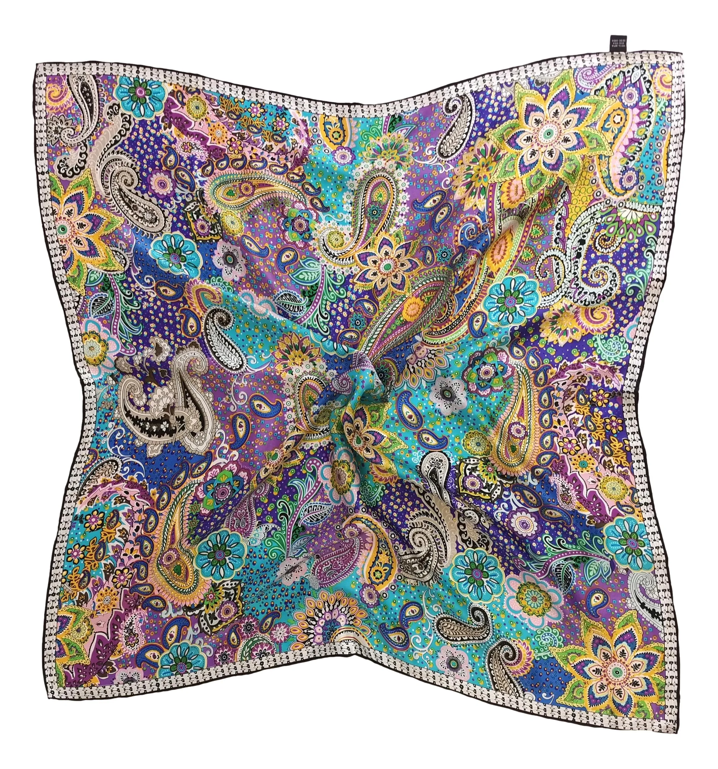 Large Square Silk Scarf Blue Theme Paisley Print SZD107