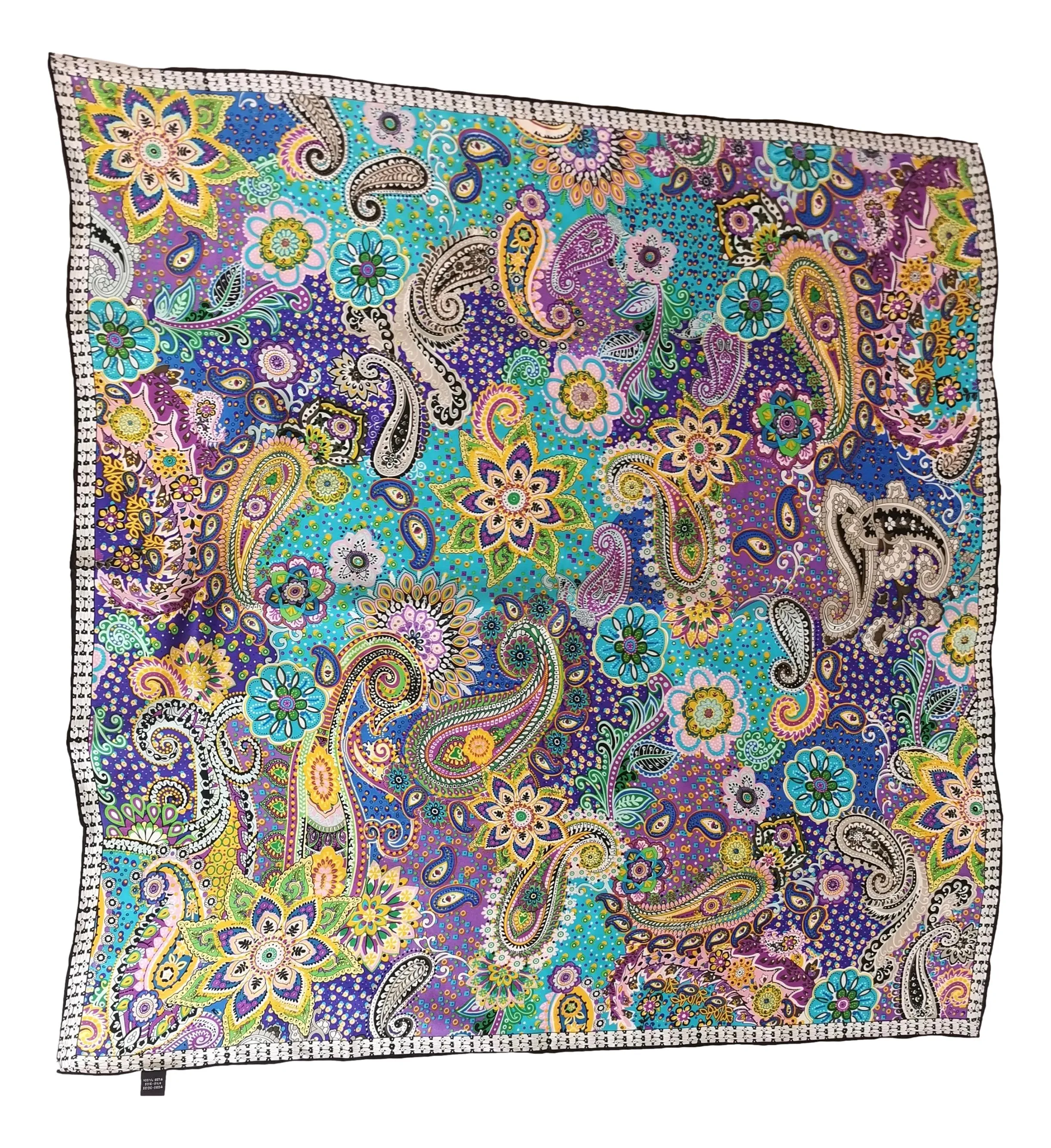 Large Square Silk Scarf Blue Theme Paisley Print SZD107