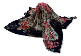 Large Square Silk Scarf Navy Theme Floral Print SZD301