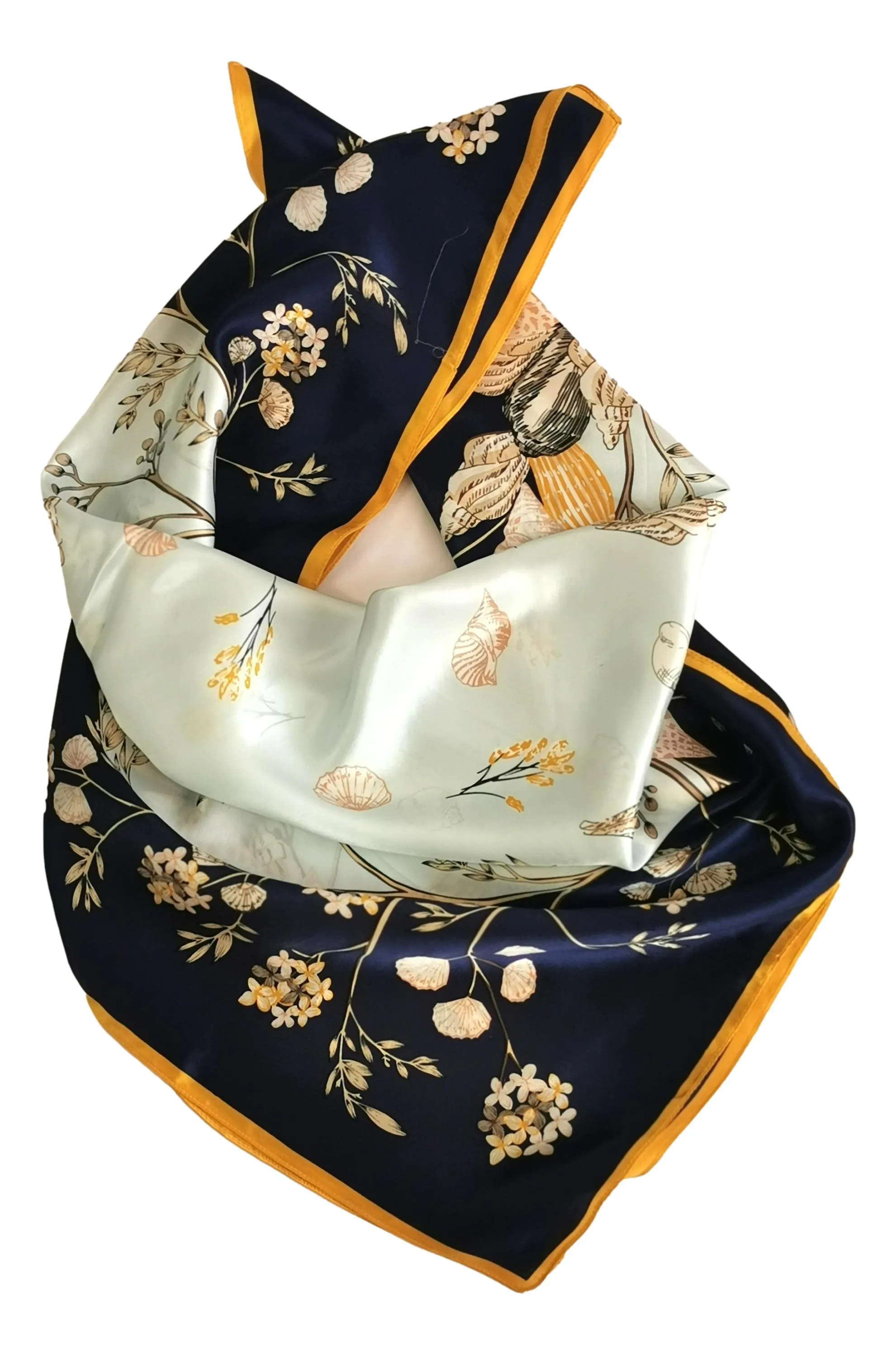 Large Square Silk Scarf Navy Theme Floral Print SZD305