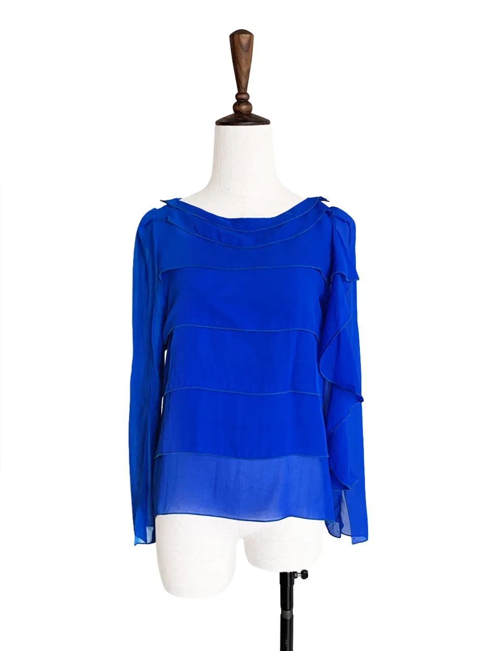 Last Chance! Electric Blue Tiered Ruffle Asymmetrical Sleeves Chiffon Silk Blouse