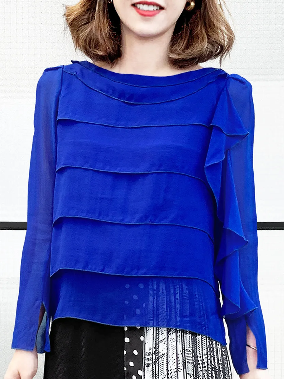 Last Chance! Electric Blue Tiered Ruffle Asymmetrical Sleeves Chiffon Silk Blouse