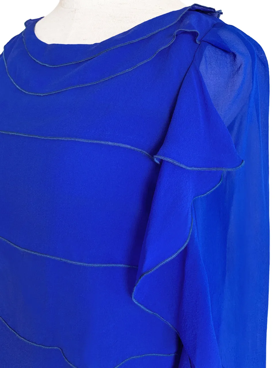 Last Chance! Electric Blue Tiered Ruffle Asymmetrical Sleeves Chiffon Silk Blouse