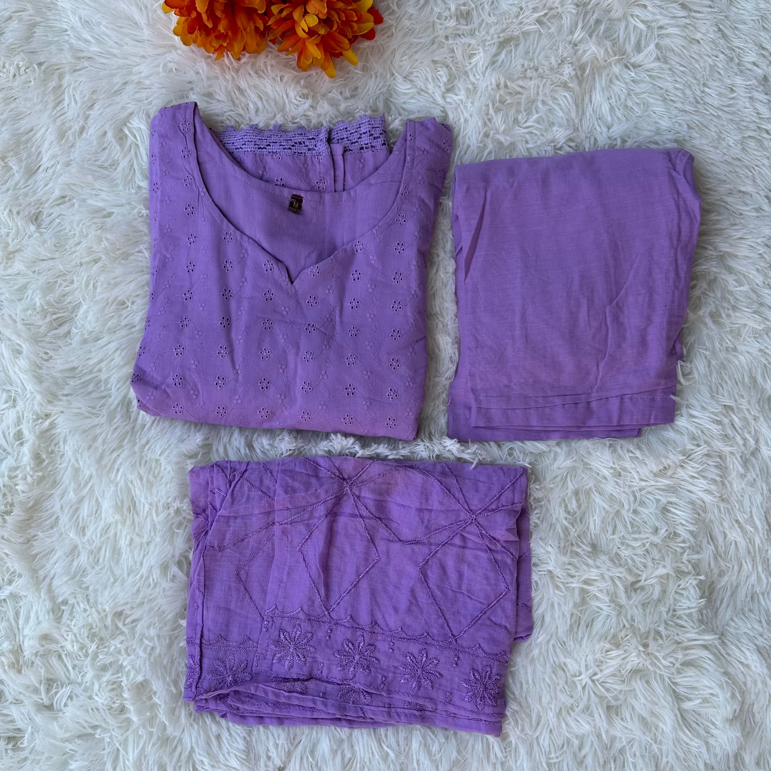 Lavender Bliss: Cotton Hakoba Kurta Set with Mul Cotton Lining & Stylish Accents