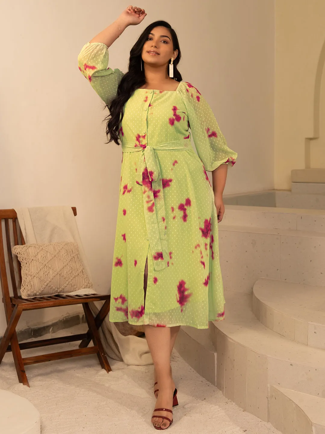 Light Green Dobby Georgette Tie & Dye A-Line Dress